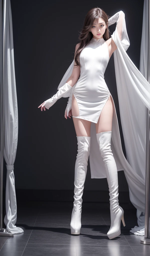 8K, masterpiece, RAW Photos, Highest quality, detailed:1.2),Realistic, Extremely detaileded CG unifies 8K, 8K, diamond, wallpaper, Written boundary depth, (Bright bedroom:1.2), Ray Tracing, (Very beautiful face, Beautiful Lips, Beautiful Eyes), intricate detailed face, ((ultra detaileded skin)) One Girl, Cute Korean Girl, K-POPアイドル,(Slim figure), ((Viewer Display)), (No slits:1.2),Plain Dress,(tight long dress:1.5),(High neck),(Injection Sleeve:1.1),(Silk long dress:1.5) ,(Opera Gloves:1.5),(Knee-high boots:1.5),Cute Korean Girl,Clear Eyes, walking , (Pale skin), (Big eyes), ((Full Body Shot:1.5)) ,Turn back, Side Shot, Slim figure, Healthy Thighs, Thigh Gap、(Place your arms behind your head:1.3)