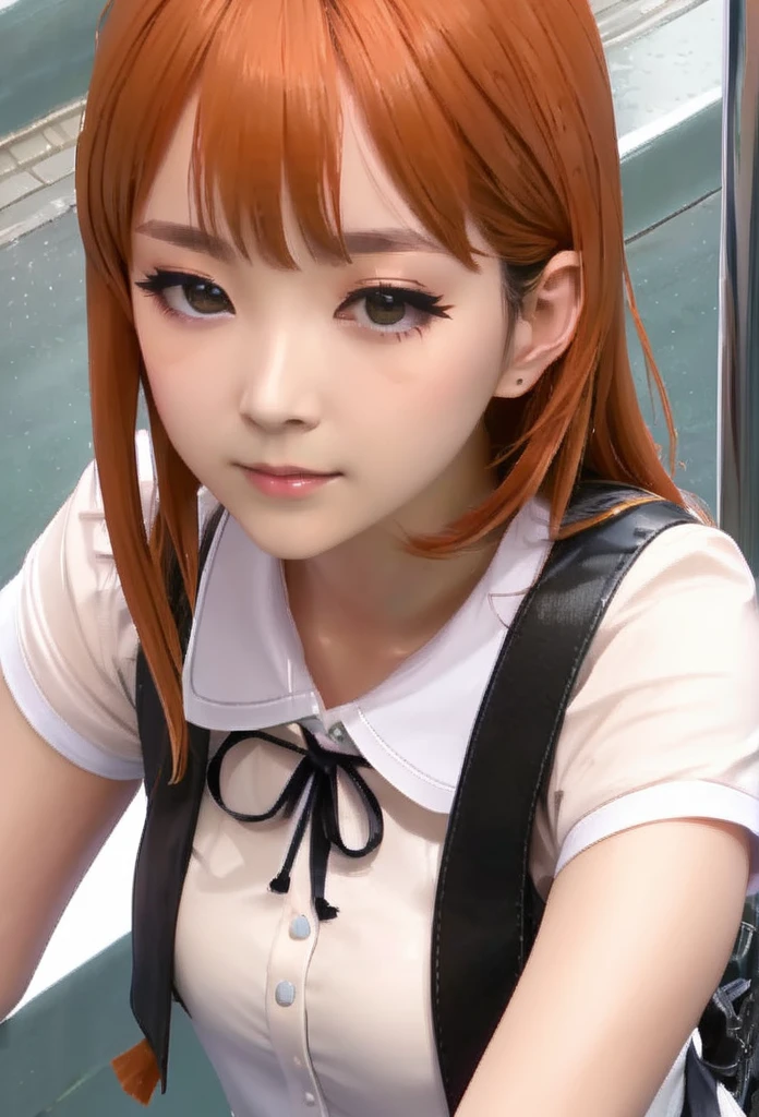 ((highest quality、masterpiece、shining eyes、detailed))、1 cute girl、beautiful face、1girl、young girl、 solo、long hair、cute bangs、 (forehead:1.2)、light brown、(Orange redhead  hair)、 athletic、 neutral、 (baseball shirt、black with white vertical lines 、 open:1.2)、white mini blouse、 black leather shorts、Fishnet tights、 from below、elegant、 looking at viewer、standing、Isometric light、 (close-up to face:1.3)、4k 