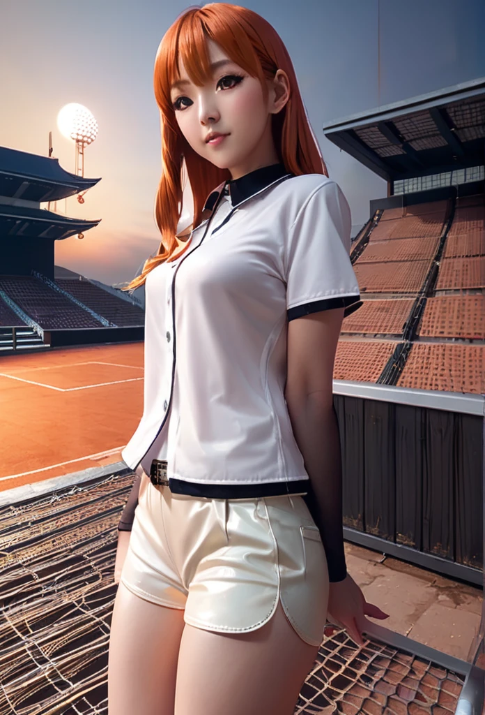 ((highest quality、masterpiece、shining eyes、detailed))、1 cute girl、beautiful face、1girl、young girl、 solo、long hair、cute bangs、 (forehead:1.2)、light brown、(Orange redhead  hair)、 athletic、 neutral、 (baseball shirt、black with white vertical lines 、 open:1.2)、white mini blouse、 black leather shorts、Fishnet tights、 from below、elegant、 looking at viewer、standing、Isometric light、 (close-up to face:1.3)、4k 