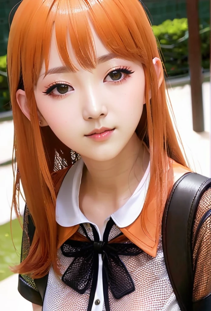 ((highest quality、masterpiece、shining eyes、detailed))、1 cute girl、beautiful face、1girl、young girl、 solo、long hair、cute bangs、 (forehead:1.2)、light brown、(Orange redhead hair)、 athletic、 neutral、 (baseball shirt、black with white vertical lines 、 open:1.2)、white mini blouse、 black leather shorts、Fishnet tights、 from below、elegant、 looking at viewer、standing、Isometric light、 (close-up to face:1.3)、4k