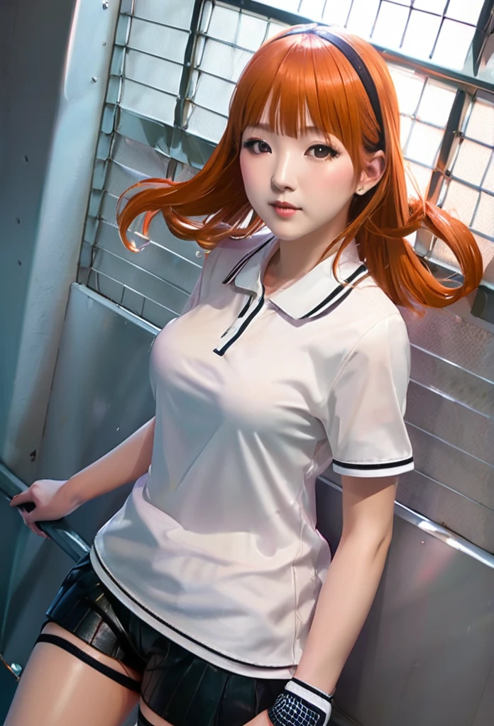 ((highest quality、masterpiece、shining eyes、detailed))、1 cute girl、beautiful face、1girl、young girl、 solo、long hair、cute bangs、 (forehead:1.2)、light brown、(Orange redhead  hair)、 athletic、 neutral、 (baseball shirt、black with white vertical lines 、 open:1.2)、white mini blouse、 black leather shorts、Fishnet tights、 from below、elegant、 looking at viewer、standing、Isometric light、 (close-up to face:1.3)、4k 