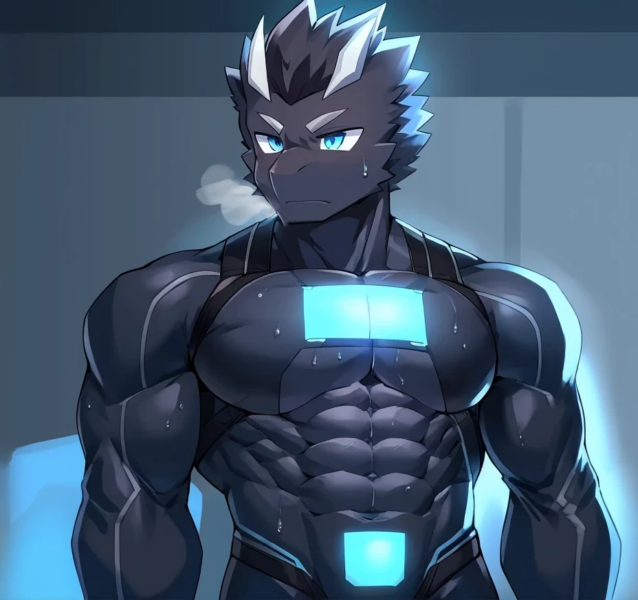 masterpiece,high quality,An anthropomorphic male wolf with blue eyes and blue-white fur,Smiling emoticon,hansome,(young)AND(Strong),(Muscular),Wearing a black and gold collar around the neck,Wearing black squares,Upper body with all muscles exposed,(Fluffy fur:1.2),(bright:0.8),panoramic,brighteyes,character focus,Detailed background,(indoor,Private bathroom),Has fine hand details and facial expressions,Has fine facial details and muscle texture details,Fine eye details,Compared to the background characters, they are muscular and strong.,Compared to the background characters, they are huge,8K quality,high quality的masterpiece,number(artwork),look at viewer,(Taking a shower with a handheld showerhead,Sweating),(Body hair,Wolf nose:1.2),Fine muscle details,Very detailed,Correct anatomy,Perfect muscles,Eight-pack abs,Perfect light and shadow,Ultra-fine hair and hand details,(((naked)))
