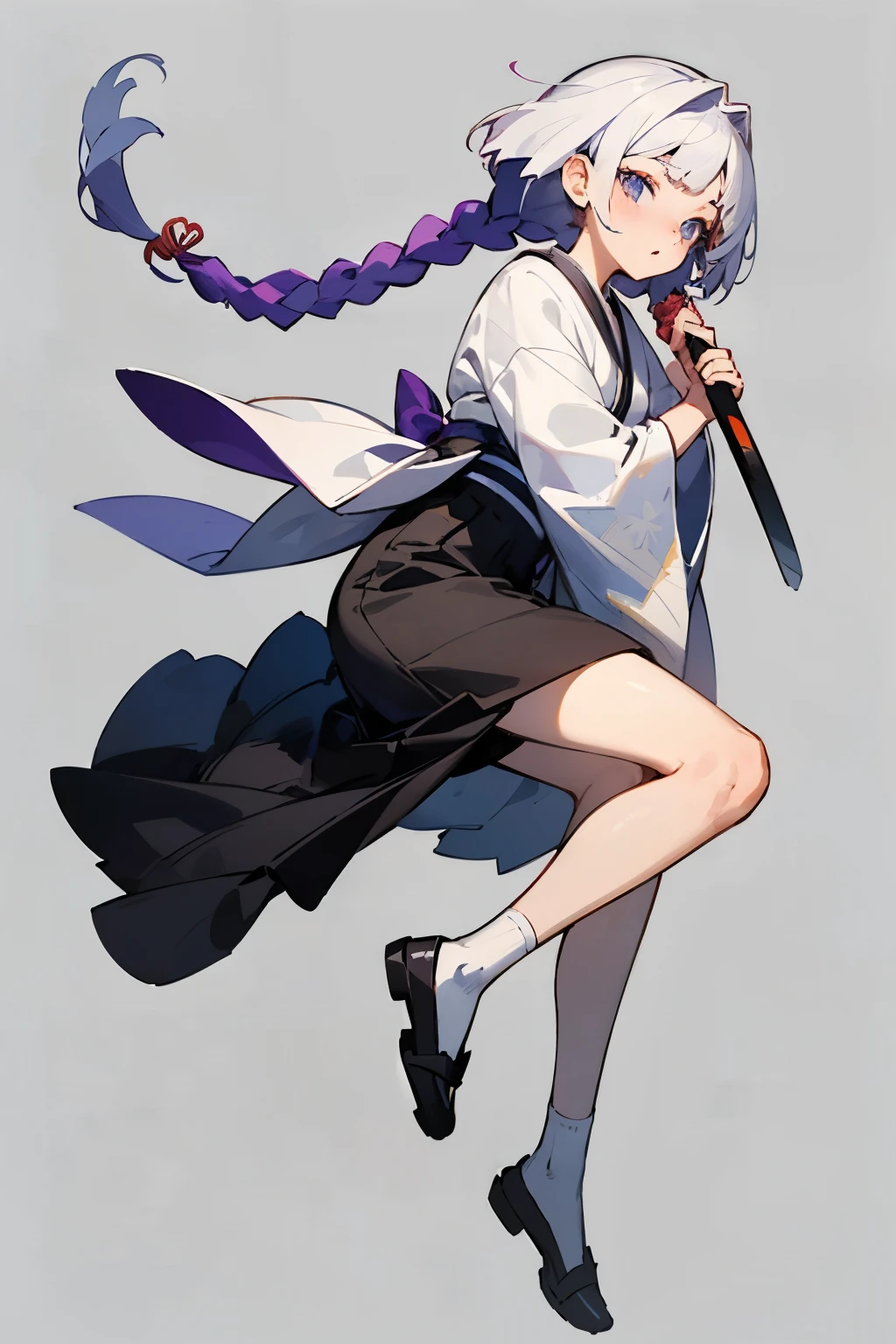 ((best quality)), ((masterpiece)), (detailed), 19-year-old girl, innocent look, middle split half-purple-half-white hair, long twin braids, straight even bangs, build, hibiscus-colored eyes, sharp eyes, wearing white kimono shirt, long black skirt and tabi socks, fullbody, solid background, holding a thin smallsword