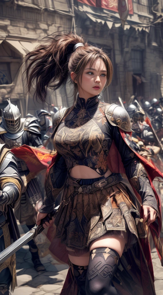 Very beautiful woman、Very tall woman、((logic))、(Detailed face)、Realistic Skin、((Knights of the Earth)), (((Light brown and black armor:1.25)))、((((非常に繊細で装飾が施されたLight brown and black armor))))、((Delicate photo))，(Girl Astepeace RAW Photo Details:1.25), (Highest quality:1.6), (Ultra-high resolution:1.5), (Realistic:1.75), 8K resolution, Canon EOS R5, 50mm, Absurd, Super detailed,Cinema Lighting,Battlefields of Medieval Europe、((Fight))、RPG World、Final Fantasy、(((Decorative skirt)))、Thigh-high socks、Shingard、night、((((Messy center parted high ponytail))))、((Get a six pack))、Torn Cloak、((Beautiful Armor))、(((Huge Weapons)))、In combat、The wind is blowing、(((Leading a large group of knights:1.3)))、(((Knight Commander)))、(banner)、Ape coat of arms、(((The main color is light brown)))、(((Black tribal tattoos)))、Dust、(((Wearing fur)))、(Rocky area)、(((Battle Scenes)))