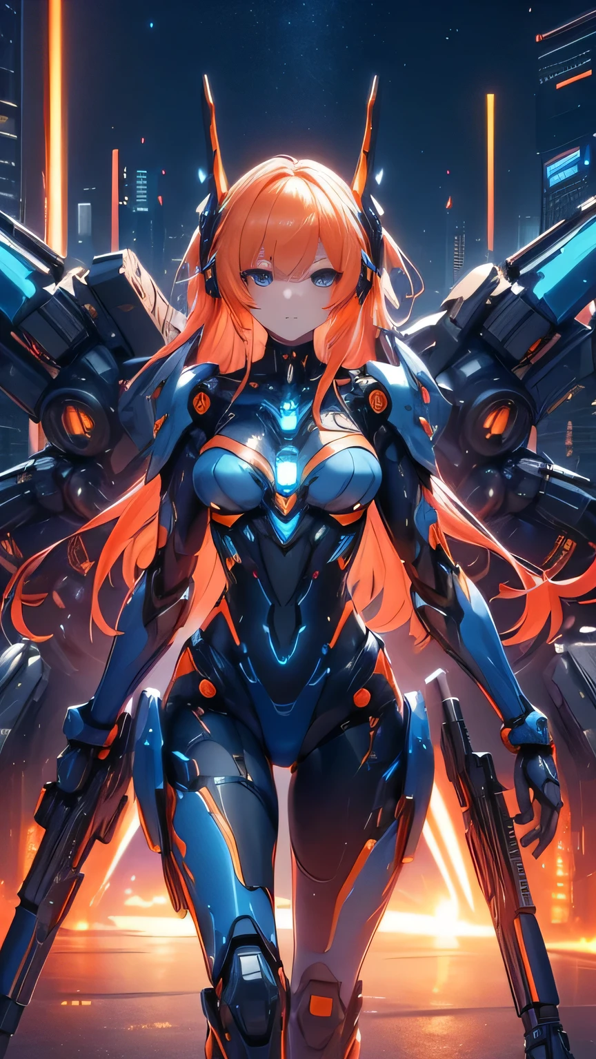 ((masterpiece)), (textured skin), ((high details)), best quality, award winning, 8k, beautiful woman, Mecha girl (blue and orange machine parts), (mechanical body:1.2), Armament made up of complex parts, android woman, gradient hair, blonde hair, Night sky, neon lights, megalopolis, rifle