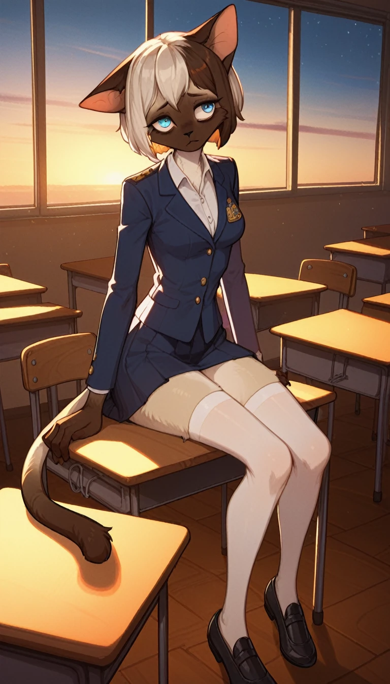 tired expression, 1girl, anthro, furry, fur, fluffy fur, siamese cat, cat girl, white hair (brown highlights), blue eyes, short hair, full body, (19 years), medium breast, thighs, solo, (classroom), sunset, detailed, uniform, white stockings, black shoes (formal shoes), depressed, sad, (night), ((baggy eyes)), (sitting on her desk), score_9, score_8_up, score_7_up, score_6_up, score_5_up, score_4_up