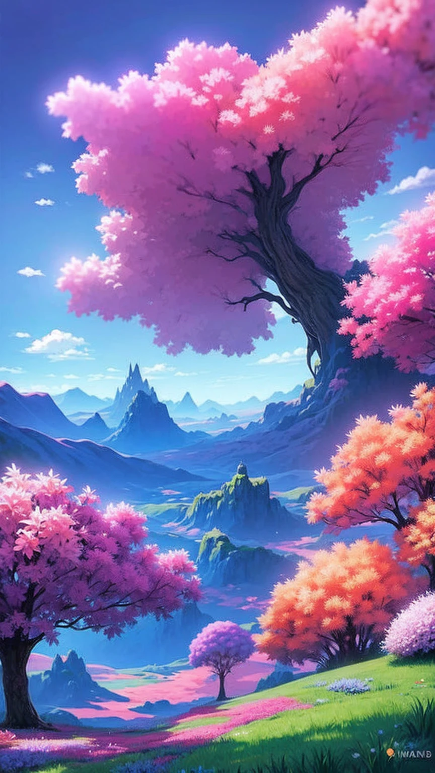 anime-style illustration, The image shows a young woman sitting on the grass watching overlooks the vast expanse of clear blue sky and mountain, flower colorful color blue red green purple yellow, fantasy world medieval, rocks, The scene is depicted in a highly saturated and vibrant style, intense and rich COLORS VIVID, strong exaggerated colors, , dramatic lighting, epic, majestic, awe-inspiring, mystical, ethereal, The sky above is clear blue sky, The atmosphere is full of magical color films, High Detail.