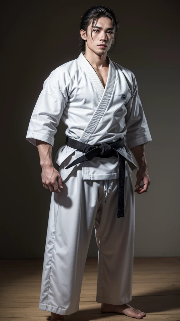 A Jiu-Jitsu fighter wearing a white kimono, with the black sash tied tightly around the waist. Your body is muscular and agile, ready to face any challenge on the mat. He maintains a confident posture, with feet apart and arms relaxed. Your eyes are focused, and its expression conveys determination and respect for the traditions of the sport.