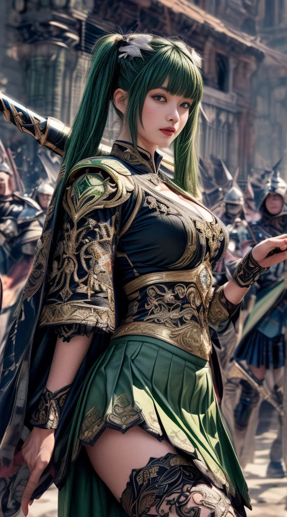 Very beautiful girl、Laughter、thin、(((Low length)))、(Detailed face)、Realistic Skin、((Holy Knight)), ((Dark green armor))、((((A black armor with extremely detailed and intricate decoration.:1.1))))、((Delicate photo)),(Girl Astepeace RAW Photo Details:1.25), (Highest quality:1.6), (Ultra-high resolution:1.5), (Realistic:1.75), 8K resolution, Canon EOS R5, 50mm, Absurd, Super detailed,Cinema Lighting,((Fightfield))、((Fight))、(((Decorative green skirt)))、Thigh-high socks、Shingard、((Dark green hair))、((Twin tails))、((Hairstyle with bangs))、Get a six pack、Cape、Beautiful Armor、(((Has a huge weapon)))、(In combat)、The wind is blowing、((Symmetrical armor))、((((tornado))))、(((Lead a large group of knights:1.2)))、banner、Lion-themed armor
