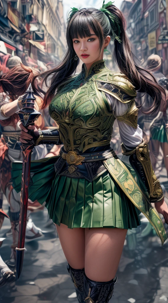 Very beautiful girl、Laughter、thin、(((Low length)))、(Detailed face)、Realistic Skin、((Holy Knight)), ((Dark green armor))、((((A black armor with extremely detailed and intricate decoration.:1.1))))、((Delicate photo))，(Girl Astepeace RAW Photo Details:1.25), (Highest quality:1.6), (Ultra-high resolution:1.5), (Realistic:1.75), 8K resolution, Canon EOS R5, 50mm, Absurd, Super detailed,Cinema Lighting,((Fightfield))、((Fight))、(((Decorative green skirt)))、Thigh-high socks、Shingard、((Dark green hair))、((Twin tails))、((Hairstyle with bangs))、Get a six pack、Cape、Beautiful Armor、(((Has a huge weapon)))、(In combat)、The wind is blowing、((Symmetrical armor))、((((tornado))))、(((Lead a large group of knights:1.2)))、banner、Lion-themed armor