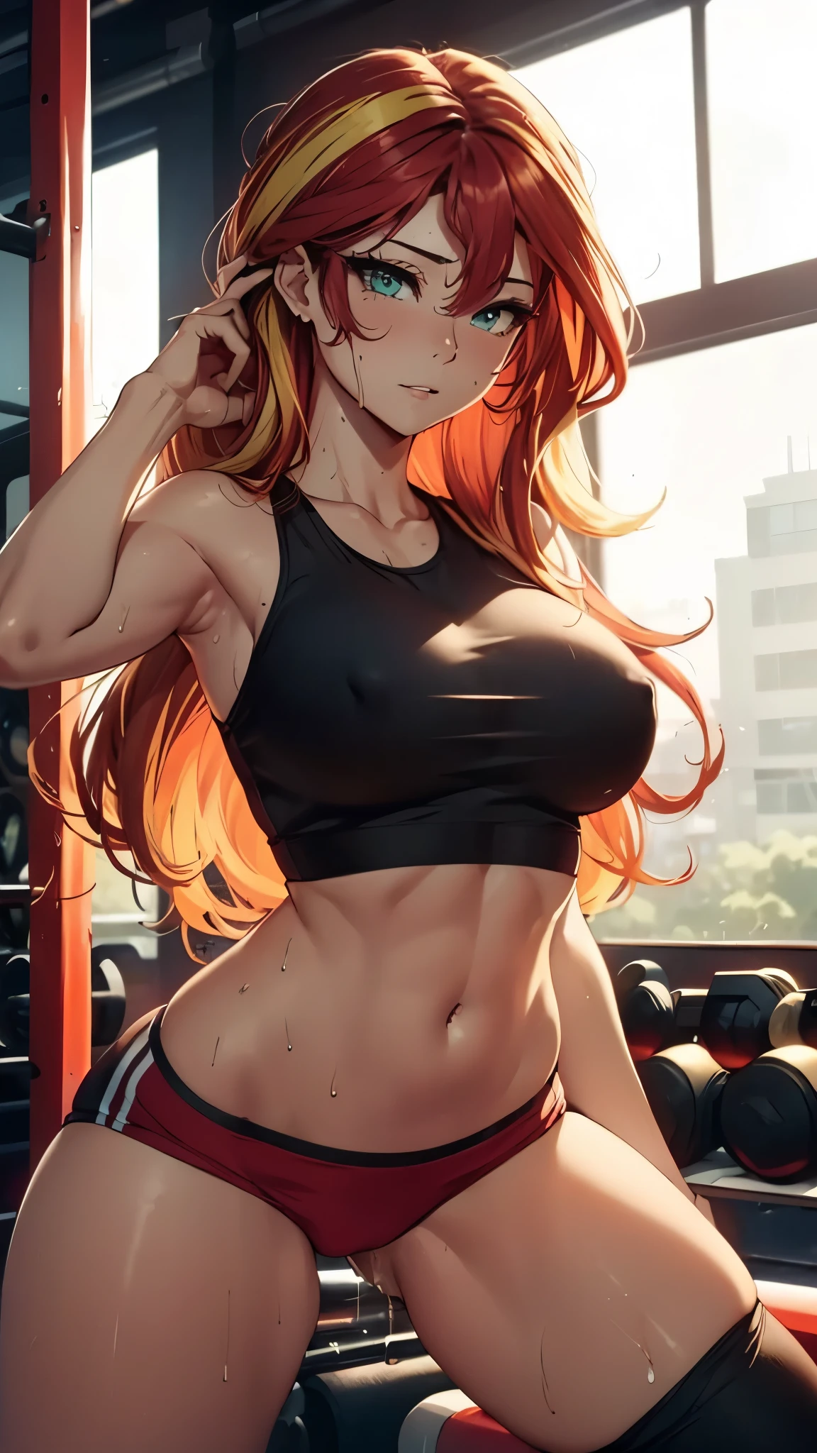 Sunsethuman, medium breasts, lush breasts, voluminous breasts, firm breasts, five fingers, detailed hands, two hair tones, red and yellow hair, working out, sweating, in a gym, sports bra, erotic moaning, female orgasm, cumming, wet shorts