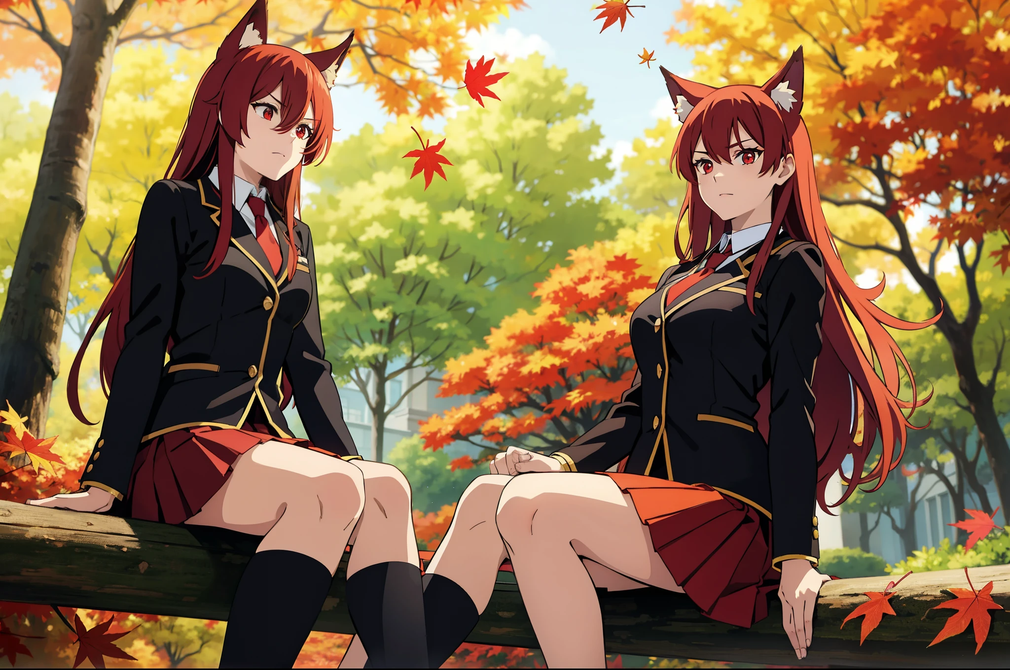 ((beautiful face)),1girl ,20s,mature female,solo,(red hair),long hair,red eyes,fox ears,(autumn leaves,outdoors),serious,necktie,black jacket, blazer,long sleeves,pleated skirt,looking ai view,feet out of frame,falling leaves,sitting,holding,hair between eyes,against tree