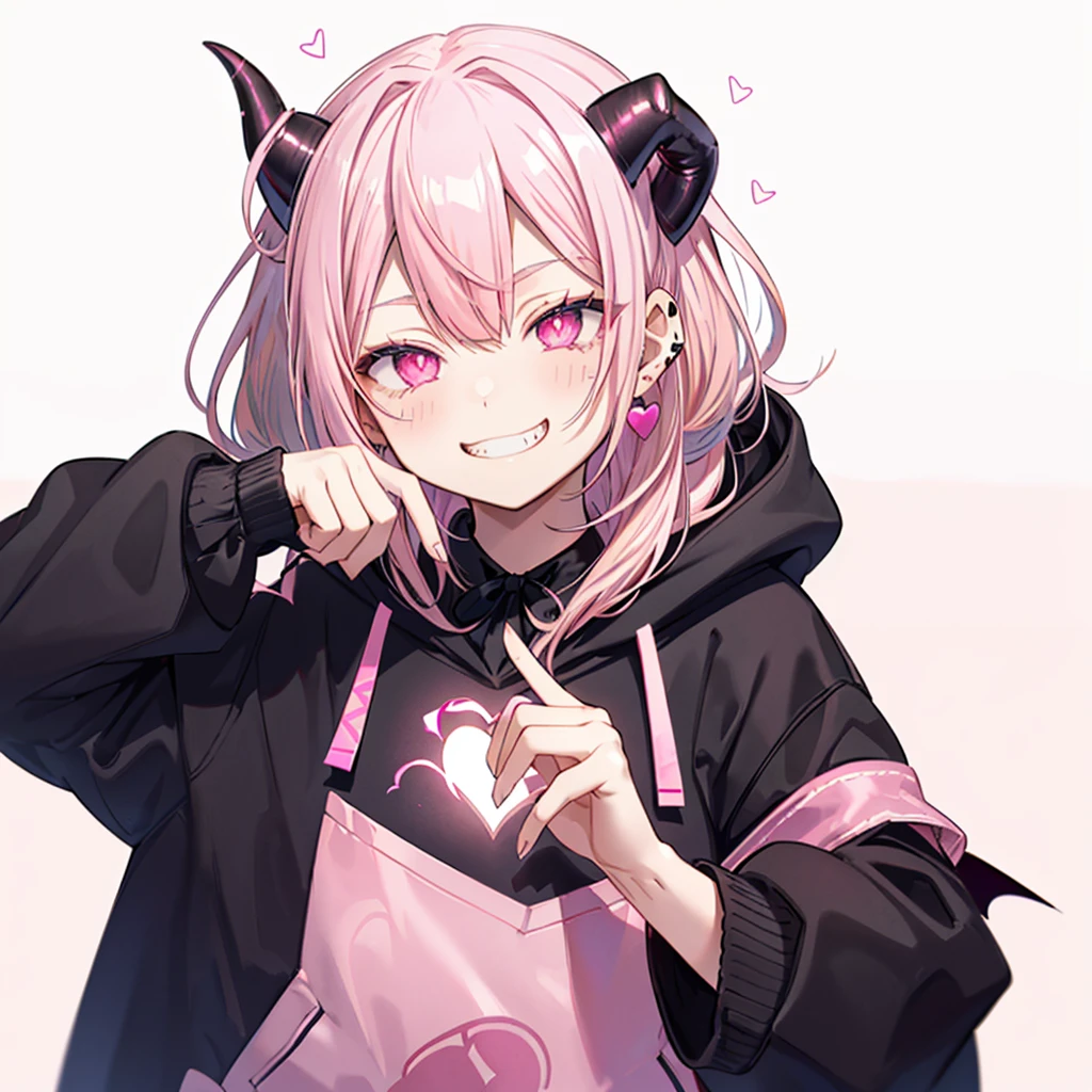 ((((Jagged Open your mouth Grin Pink Background shining heart)))) (((Black hoodie Wearing a hood Demon Horns Heart Iris Close-up Pink Hair Long Hair))) ((Shiny earrings Small black ribbon)) Shining Edge Shining Background