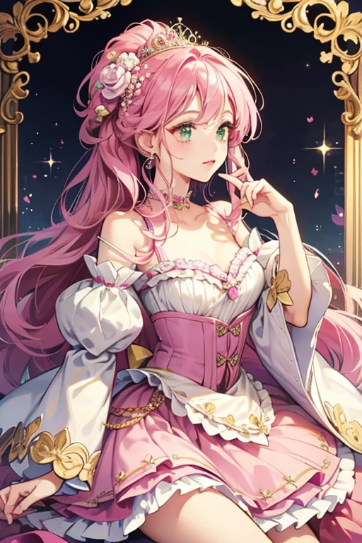 her hair is elaborately styled into curls and is pearly, similar to Goldie Luxe. Her tiara has been redesigned to be more intricate and has pearls on it. She has a carnation pink top with magenta sleeves. Her skirt is magenta and carnation pink. Unlike all her other versions, this one mostly excludes any green; however, it does have a big green bow up at the front, and her socks now have bright pink ribbons on them. SPARKLE; GLITTER