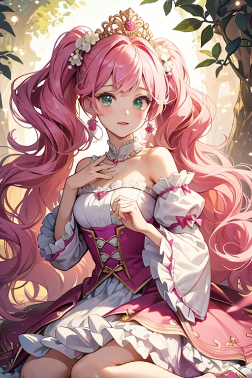 her hair is elaborately styled into curls and is pearly, similar to Goldie Luxe. Her tiara has been redesigned to be more intricate and has pearls on it. She has a carnation pink top with magenta sleeves. Her skirt is magenta and carnation pink. Unlike all her other versions, this one mostly excludes any green; however, it does have a big green bow up at the front, and her socks now have bright pink ribbons on them. SPARKLE; GLITTER