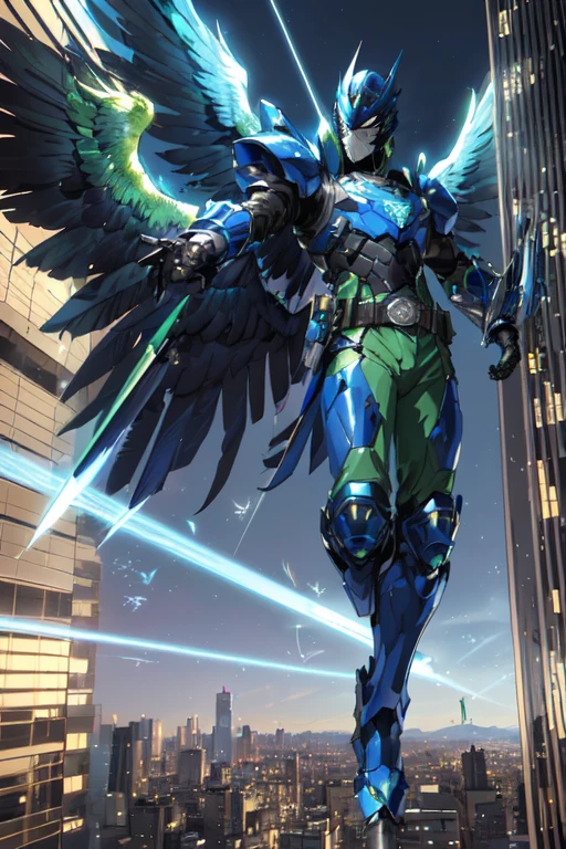 ((best quality)), ((masterpiece)), (detailed), 1 man, full body, 25 years old, masked, blue mask, blue head, uncovered mouth, biker helmet, blue helmet, parrot helmet, black neck, tall, thin, black beak, black details, a green parrot with a blue head on his side, metallic wings, wings on his arms, blue fingerless gloves, blue wristbands, luminous blue wings shooting lasers, blue suit resembling light armor, blue suit with an emblem, entirely green chest, emblem on his chest, green pants, deployable bird tail, metallic feathers, gray knee pads, metallic gray boots, metallic bird claws, black superhero belt, flying through the city, midday city background, anime
