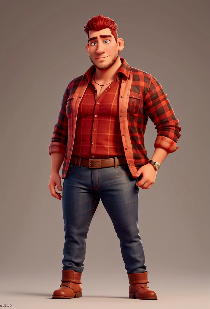 Tall man, Caucasian skin, calvo, fatter, without an ear, wearing a red and black checkered blouse, jeans and leather boots. with a bully pose