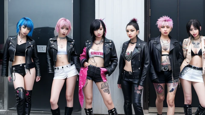 Japanese young beautiful girl idol band、Full Body Tattoo、Playing guitar、Rainbow Mohawk、Expose large breasts、Skin-revealing punk fashion、Piercings all over the body、Leather jacket covered in studs、Full body tattoos、