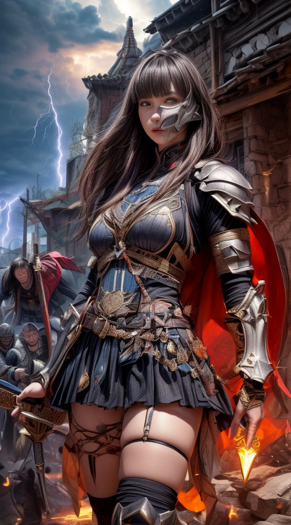 Cowboy Shot、Very beautiful woman、Slender women、(Detailed face)、Realistic Skin、((Demon Knight)), (Black Armor)、((((非常に細かく複雑な装飾が施されたBlack Armor))))、((Delicate photo))，(Girl Astepeace RAW Photo Details:1.25), (Highest quality:1.6), (Ultra-high resolution:1.5), (Realistic:1.75), 8K resolution, Canon EOS R5, 50mm, Absurd, Super detailed,Cinema Lighting,Battlefields of Medieval Europe、((Fight))、RPG World、Final Fantasy、(((Decorative skirt)))、Thigh-high socks、Shingard、night、((Long hair with bangs,))、Get a six pack、Torn Cloak、Beautiful Armor、(((Giant Sword)))、In combat、The wind is blowing、((Asymmetric Armor:1.5))、(((thunderstorm)))、((Knight Commander))、(((Leading a large group of black knights)))、banner、Wolf Pattern:1.5、(((Battle Scenes)))、(((Creepy Iron Mask)))