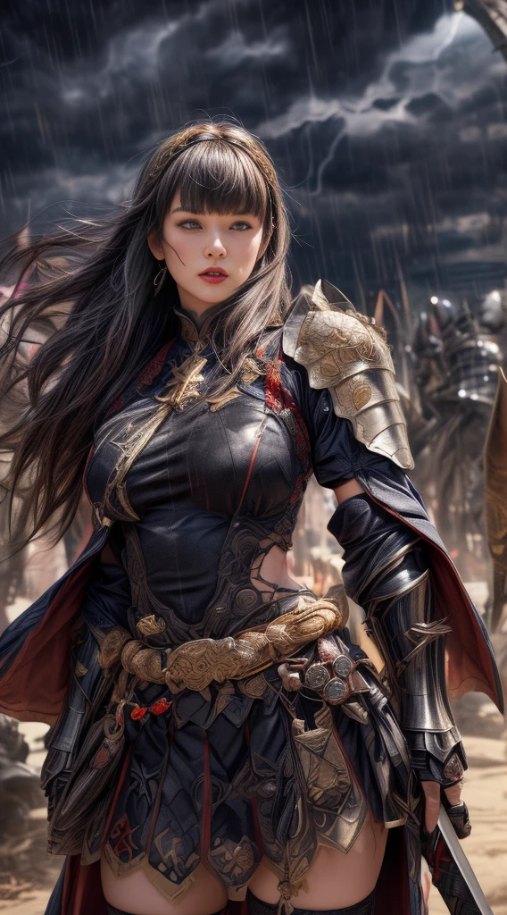 Cowboy Shot、Very beautiful woman、Slender women、(Detailed face)、Realistic Skin、((Demon Knight)), (Black Armor)、((((非常に細かく複雑な装飾が施されたBlack Armor))))、((Delicate photo)),(Girl Astepeace RAW Photo Details:1.25), (Highest quality:1.6), (Ultra-high resolution:1.5), (Realistic:1.75), 8K resolution, Canon EOS R5, 50mm, Absurd, Super detailed,Cinema Lighting,Battlefields of Medieval Europe、((Fight))、RPG World、Final Fantasy、(((Decorative skirt)))、Thigh-high socks、Shingard、night、((Long hair with bangs,))、Get a six pack、Torn Cloak、Beautiful Armor、(((Giant Sword)))、In combat、The wind is blowing、((Asymmetric Armor:1.5))、(((thunderstorm)))、((Knight Commander))、(((Leading a large group of black knights)))、banner、Wolf Pattern:1.5、(((Battle Scenes)))、(((Creepy Iron Mask)))