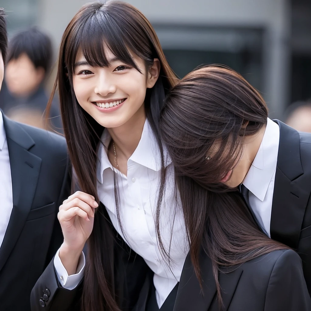 A handsome Japanese man with Japanese hair and a black suit is smiling with a closed-mouthed, ageless smile.