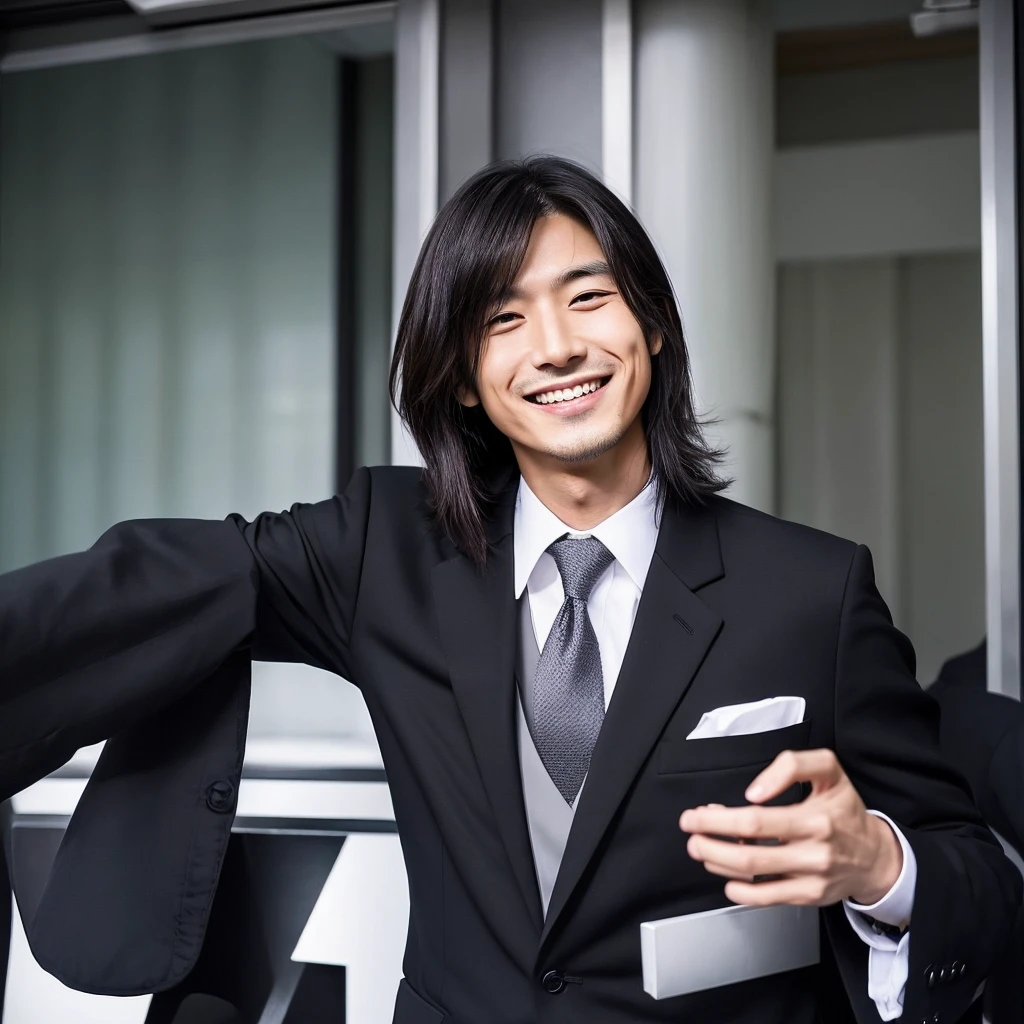 A handsome Japanese man with Japanese hair and a black suit is smiling with a closed-mouthed, ageless smile.