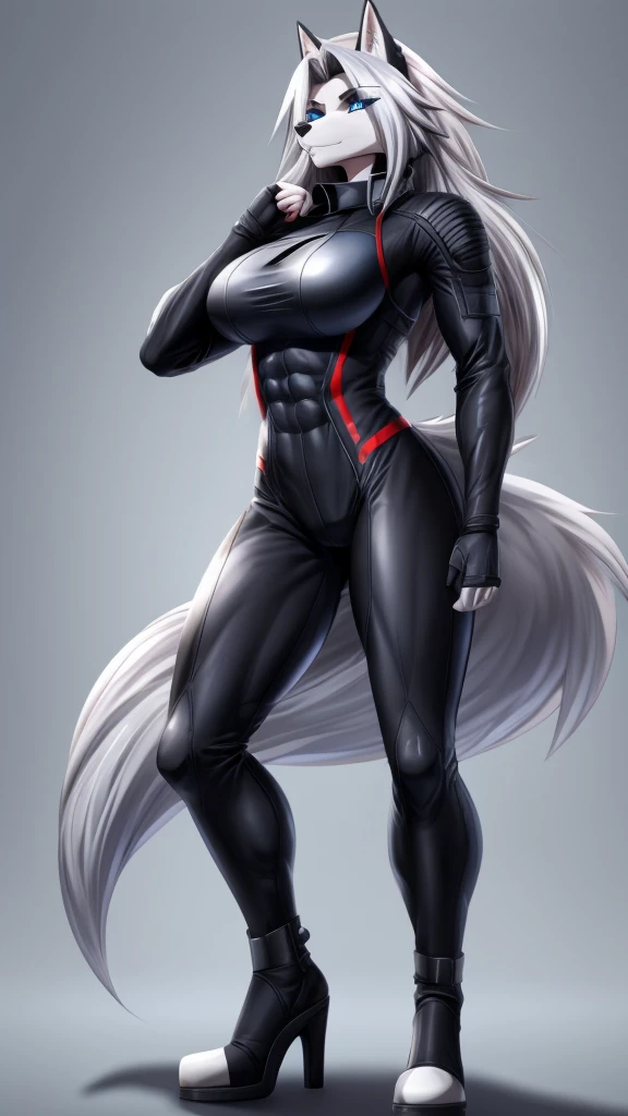 Loona from Helluva Boss, female wolf, anthro, white hair, blue eyes, mature adult, tall, muscular, tomboy, massive female, full combat bodysuit, standing, solo, beautiful, high quality, clear background, manhwa style, 4K