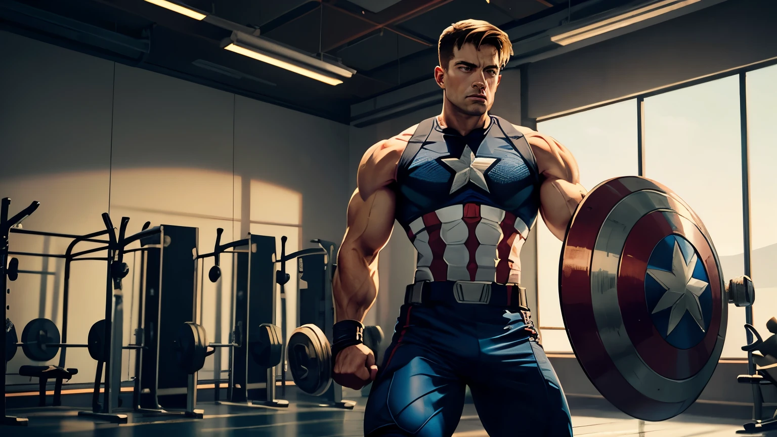 Create a detailed image of Captain America training in a modern gym. He must be lifting heavy weights or doing high-intensity exercise, showing off his defined muscles and determined expression. The setting should include gym equipment like dumbbells, weight bars and workout machines. Use dramatic lighting to highlight Captain America's strength and dedication, with accentuated shadows and a background that suggests movement and energy. The color palette should include shades of blue, red and white, reflecting Captain America's uniform, with details that reinforce the atmosphere of intense training and motivation.