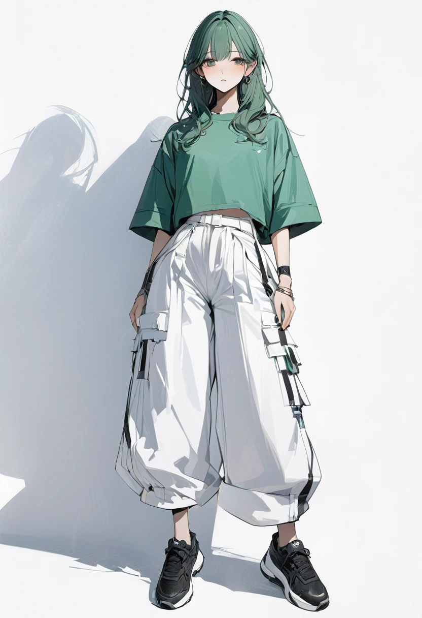 (masterpiece、Highest quality:1.2、8K)、Only one girl、One person、Green Shirt、Layered、White wide pants、Black sneakers、whole body、Simple Background、White background、Your eyes look beautiful、