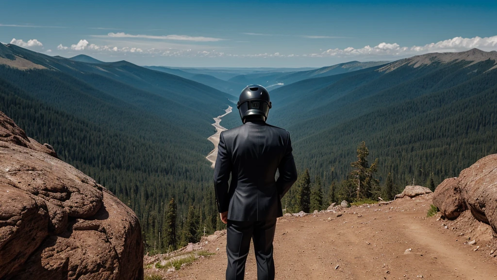 A Luxury Sales Suit man wearing a black rider full-face helmet overlooking wilderness,full body,standard rider black full face helmet,back view of the man, background is a wilderness,a man overlooking wilderness,a man overlooking wilderness,a man overlooking wilderness,a man overlooking wilderness,a man overlooking wilderness,full body,full body,full body,full body,with black rider full-face helmet,with black rider full-face helmet,with black rider full-face helmet,wearing black rider full-face helmet,wearing black full-face helmet,wearing black full-face helmet,overlooking wilderness,overlooking wilderness,Back view,Back view,Back view,Back view,Draw people small,Draw people small,Spectacular views,Spectacular views,Spectacular views,lonely man,lonely man,a black full-face helmet,a black full-face,A Luxury Sales Suit man,with Luxury Sales Suit