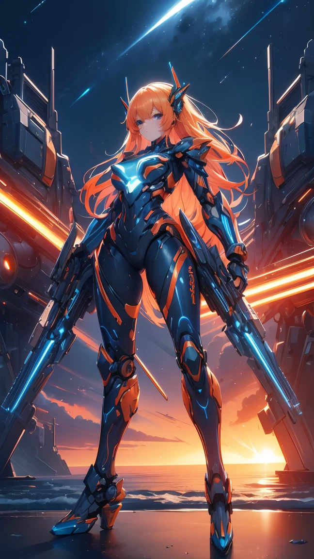 ((masterpiece)), (textured skin), ((high details)), best quality, award winning, 8k, beautiful woman, Mecha girl (blue and orange machine parts), (mechanical body:1.2), Armament made up of complex parts, android woman, gradient hair, blonde hair, Night sky, neon lights, megalopolis, rifle