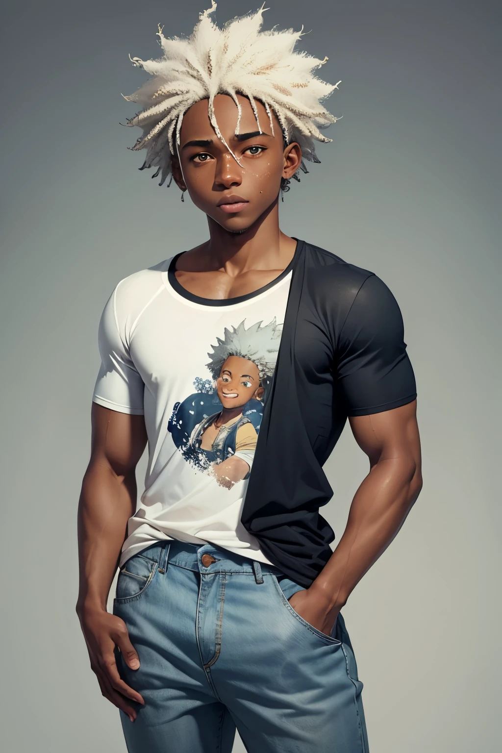 Dark skinned boy full of freckles, Curly white hair,  White T-shirt, denim pants in the style of my hero academia anime