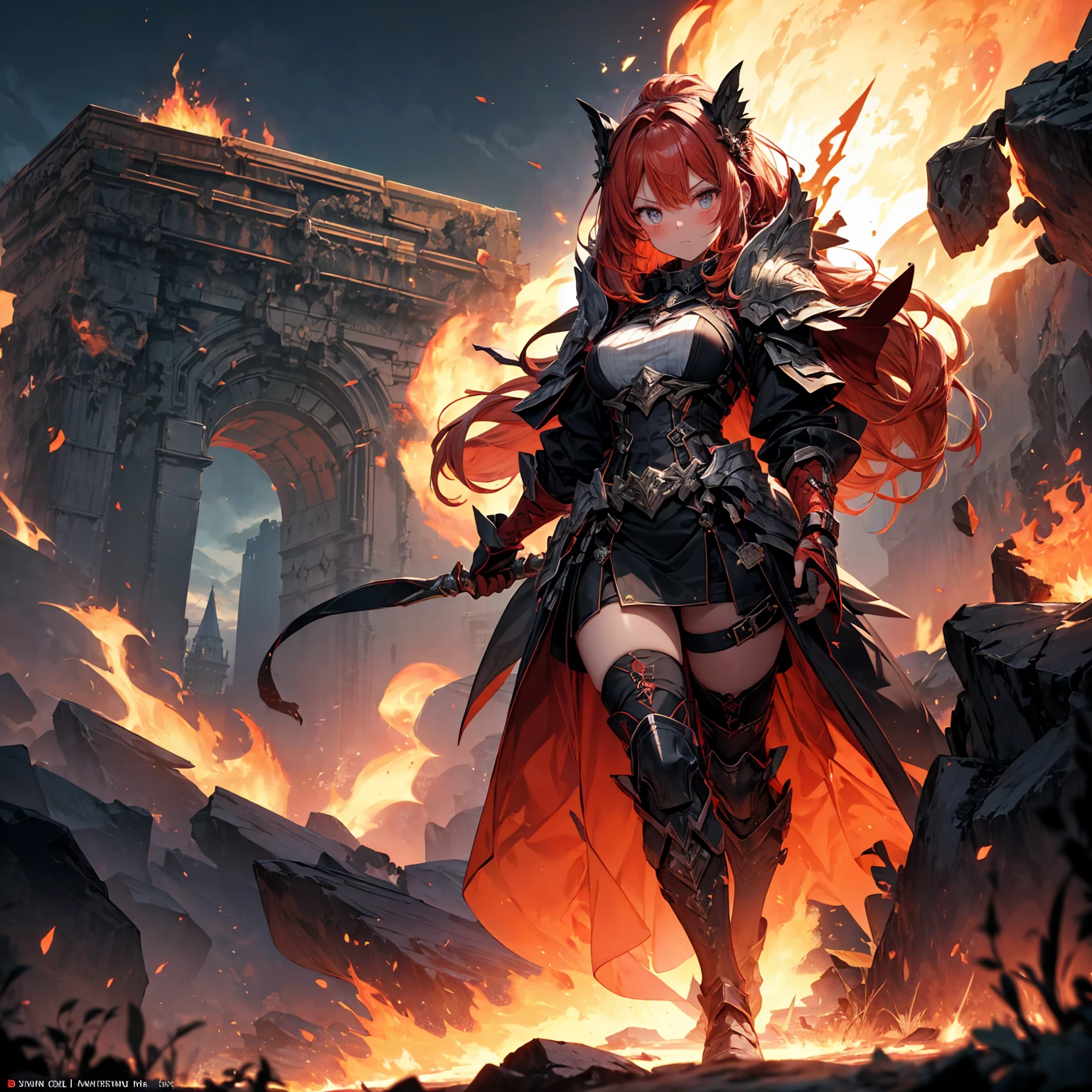 ((full body shot)) of a girl in regal, fire-themed armor with intricate gold and red details, standing in a blazing, volcanic landscape. She has long, flowing fiery red hair and intense, glowing amber eyes. Her skin has a warm, sun-kissed hue, and she is adorned with molten lava-like patterns. She holds a majestic sword engulfed in roaring flames, casting a bright, fiery light. The atmosphere is {intense|majestic}, with lava flows and embers illuminating the scene. The ground beneath her is cracked, molten earth, reflecting the intense light and adding to the fiery ambiance. Surrounding her are jagged rocks and bursts of flame in shades of {red|orange}, casting a fierce, incandescent glow. The background features towering volcanic peaks and a sky filled with ash and smoke, hinting at a powerful, fiery kingdom. The scene is dynamic and awe-inspiring, with her face showing a determined yet regal expression, her eyes focused intently on her blazing domain.

[Best quality], [Masterpiece], [Ultra-detailed], [4k], {intense|majestic} atmosphere, fiery kingdom, {dynamic pose|regal pose}, blazing illumination, {soft shadows|dramatic lighting}, {reflected light on molten earth:0.7}, {jagged rocks:0.6}, {bursts of flame:0.5}, {volcanic peaks:0.4}, {ash-filled sky:0.3}.
