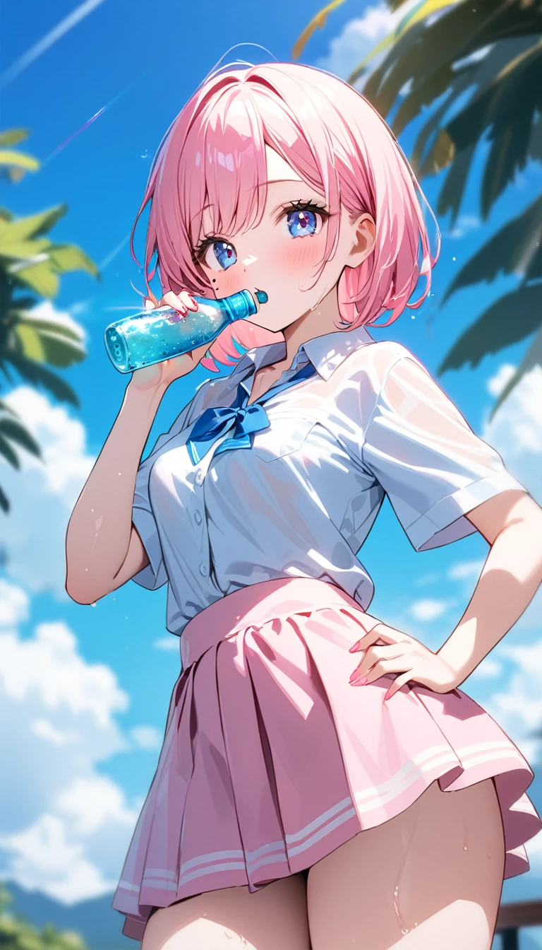 (1 girl),(Best Picture Quality, 8K, Masterpiece:1.3), (high school student:1.5), ((pink lob hair:1.1)), (bob cut),(swept bangs), (cute eyes, pupil black, iris skyblue, youthful face), (mole under right eye), (standard weight), (small breasts), (glistening skin:1.1),(pale skin:1.2), ((Gyaru fashion:1.3)),(wet:1.1),(blue sky, blurry, blurry background, chromatic aberration, cloud, cloudy sky, day, depth of field, glint, outdoors, ramune, sky), (soda bottle).