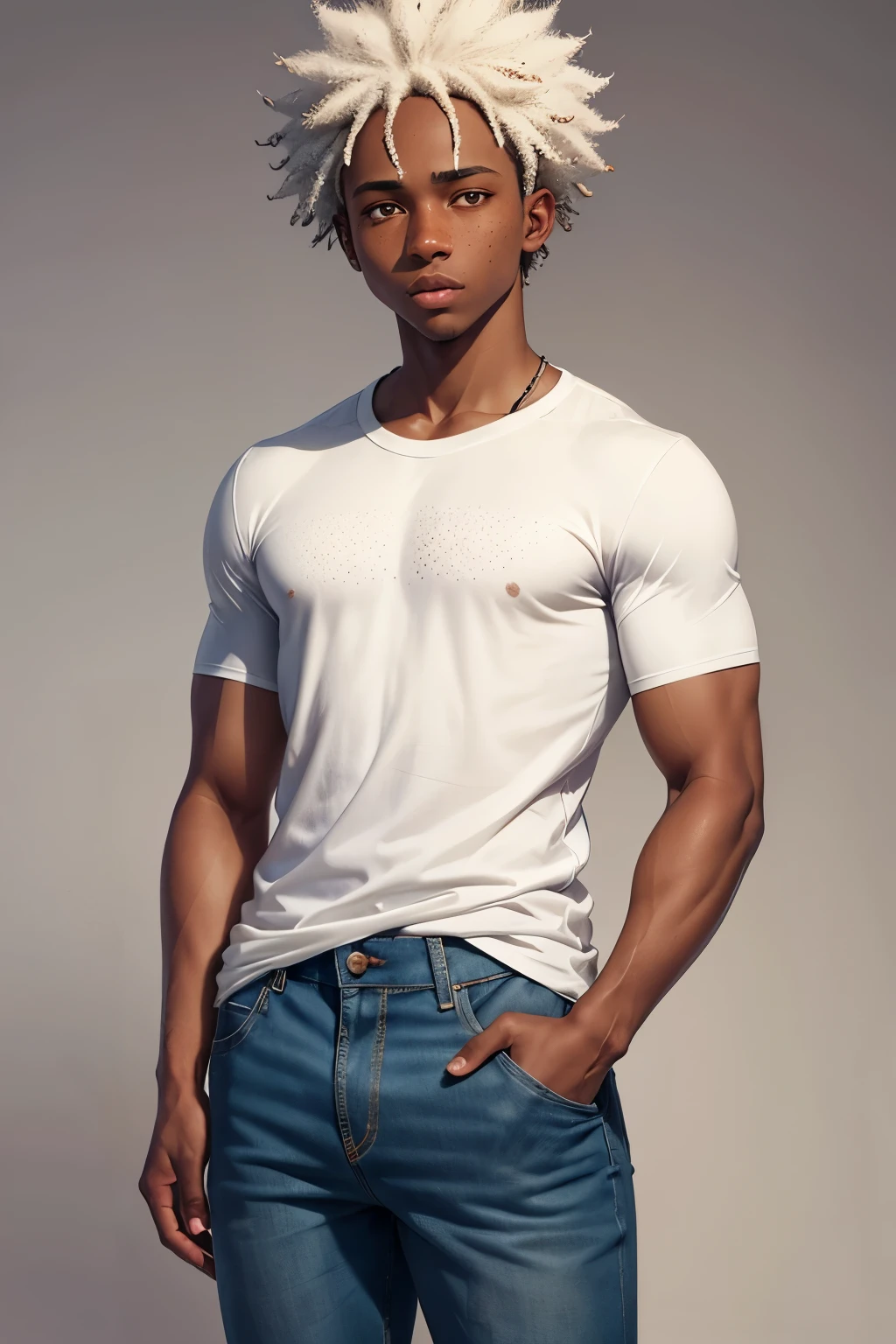 Dark skinned boy full of freckles, Curly white hair,  White T-shirt, denim pants in the style of my hero academia