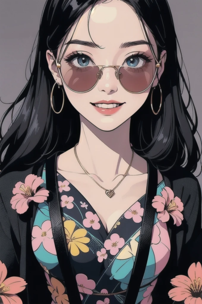 Create digital artworks in the pop art style, Featuring vibrant and confident young Asian girls，Street fashion, Color scheme of the movie, Big smile, Wink, sunglasses, Surrounded by vintage floral motifs, Vivid brushwork,Emotions should be dynamic, Upper Body, drawing, figure, grayscale, tropical, Lots of flowers,