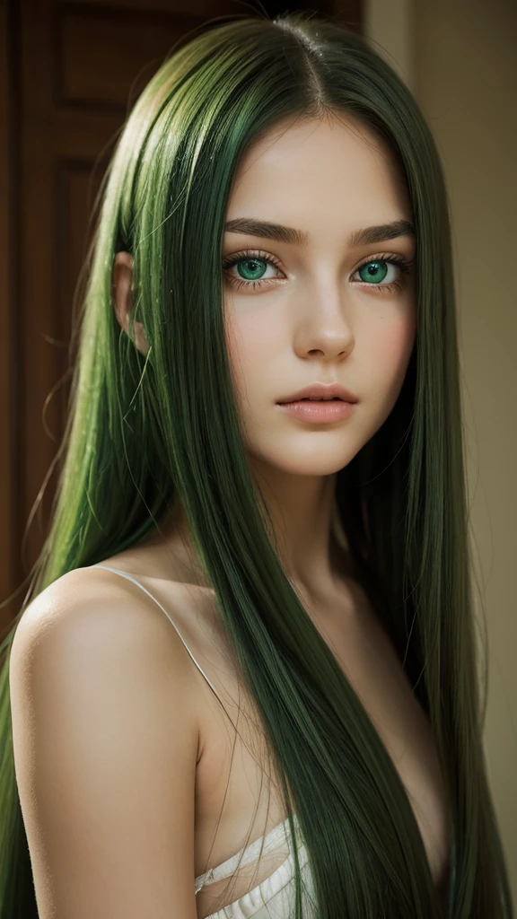 a girl.  face sent feeling.  Europe.  Oval face.  long face.  delicate facial features.  sad eyes.  seductively seductive.  green eyes.  long straight hair.  green hair