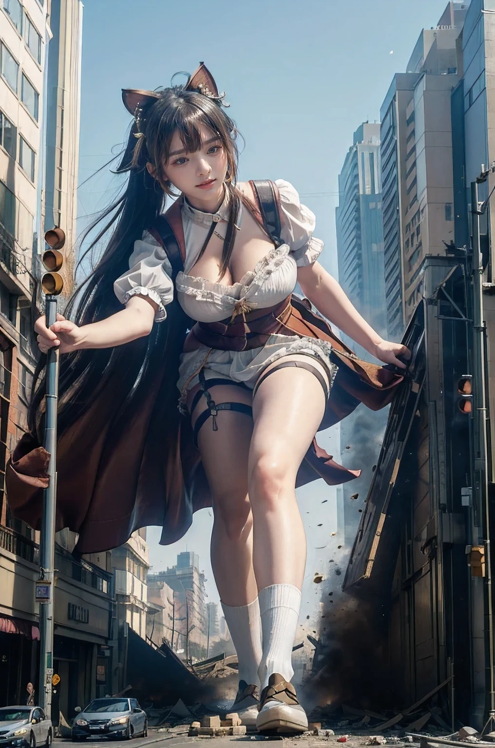 looking at the camera、steampunk、Standing on top of a ruined building、Big building explosion、The building collapses、Urban hustle and bustle、Traffic jam、City of Rubble、street tree、Car and bus、truck、taxi、City boulevard、Pedestrian bridge、Streetcar route((((Azur Lane Cheshire Cosplay))))、Frilled maid outfit、((Super huge breasts))、((Plump thighs))、Ground View,City of Giants,500 foot tall giant girl,skyscraper,Has super long legs,Step into the crowd,There are many people on the street,Knee-high socks,A happy look,Standing on the ruins,Beautiful appearance,Exquisite makeup,quality,8K,高quality,Perfect Proportions, Cinema Lighting,Film Grain,The Colors of Fuji,8K,Textured skin,Super Detail,High detail,high quality,High resolution,explode,False Smile、Reaching out