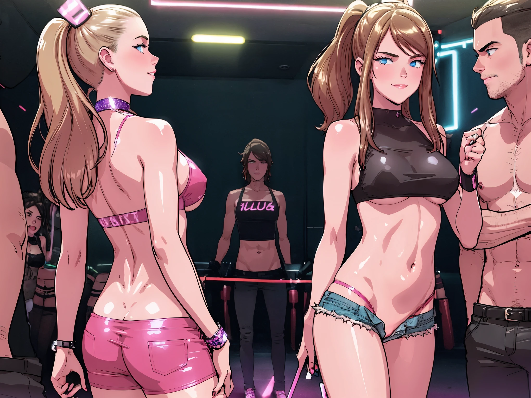 masterpiece, best quality, 3girls, nice hips, slut, slutty bimbo clothes, medium breasts, smile, slut, young girl, bratty girl, wide hips, pink crop top, shorts, midriff, hip sway, slutty dancing, (nightclub), neon lights, many male, surrounded by men, multiple men, pussy peek, thong, (nightclub:1.5), neon lights,