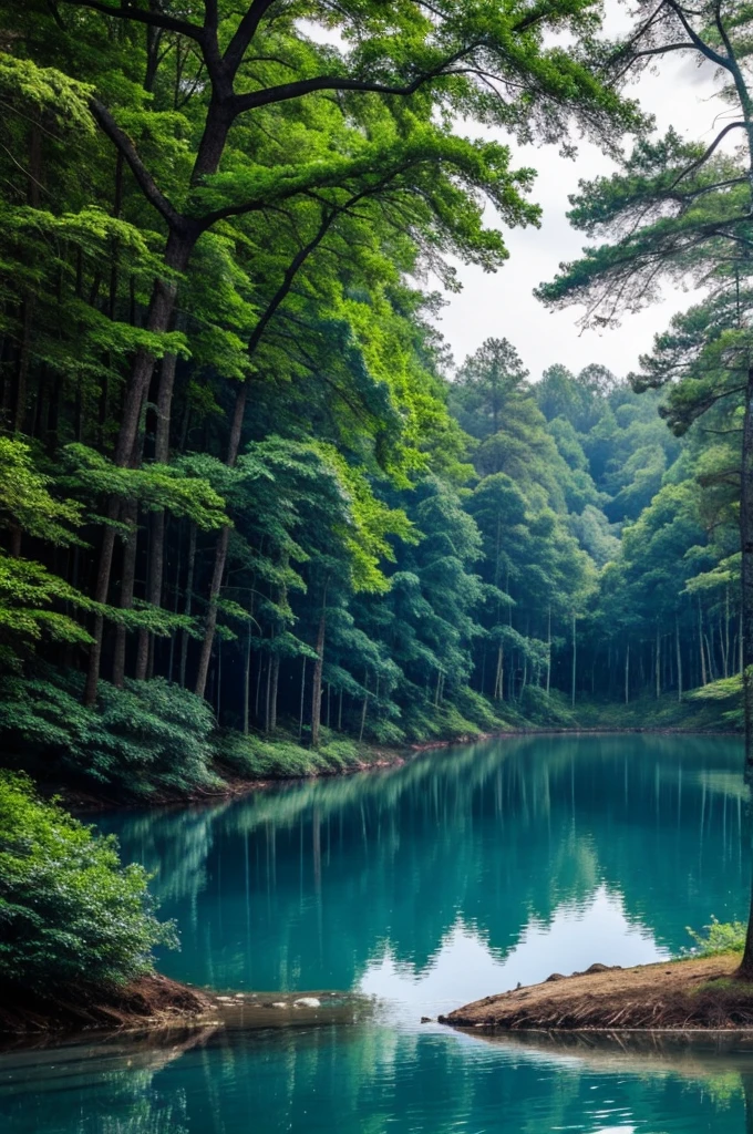 Make me a forest where there are many animals and a blue lake