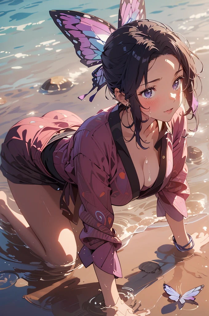 Masterpiece,Solo,1girl,Kanao Tsuyuri,(Kimetsu No Yaiba),Big Breasts,Pussy,Perfect Body,Sexy Body Hot,High Quality,High Resolution,Photograph 16K,Short Hair,Right Ponytails,On The Right Side Of The Head,Butterfly Ornamen,Dark Purple Eyes,Beautiful,Beautiful Woman,Naked,Beach Background