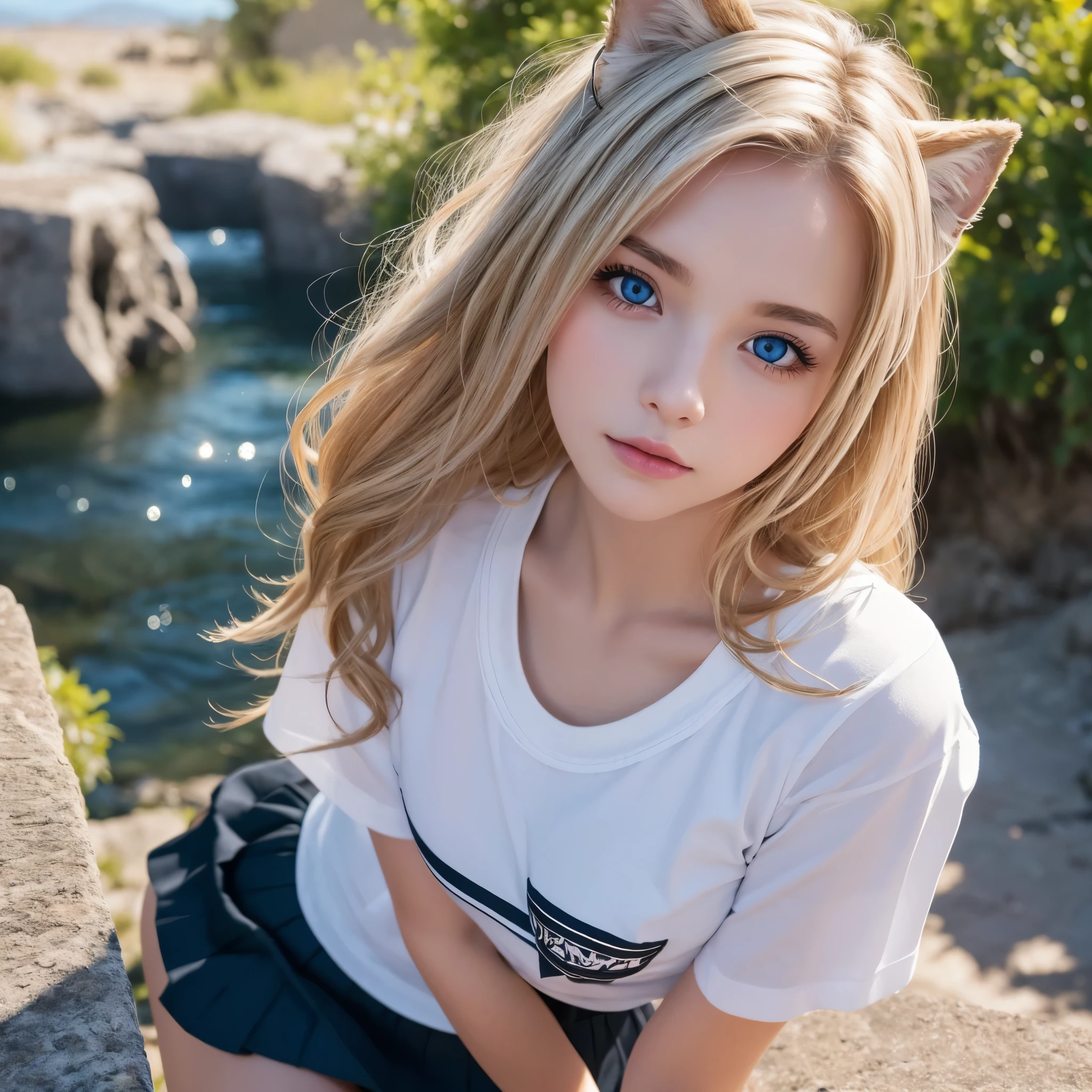 masterpiece, highest quality, Wolf Girl, elegant, One girl, Wolf Ears, Wolf's tail, cute, Blushed, View Viewer, From above, Blonde Wavy Hair, mini skirt, black and white striped t-shirt, blue eyes, Beautiful Eyes, Beautiful background, Particles of light, Light of the sun, Dramatic lighting, outside, Shiny, Realistic, masterpiece, highest quality, ultra-detailed, detailed, scenery, beautiful detailed eyes, detailed hair Selfie