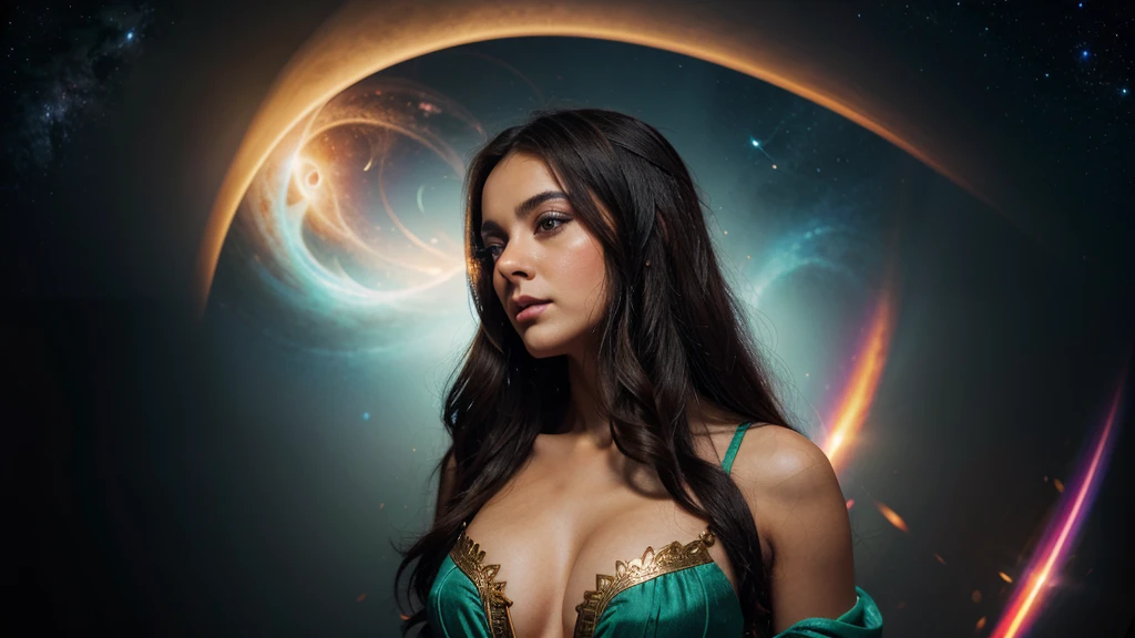 Background: a realm where galaxies collide and celestial clouds swirl. A glow from a thousand cosmic furnaces.
Foreground: a beautiful woman is standing, looking directly at the camera, divine, regal, celestial in appearance. She has long, flowing, dark hair, wide eyes, wearing a long sheer gown cut low in the front, revealing ample cleavage, and cut up the side to her hip. Add bright, contrasting swirls of yellow, red, purple and green. Add lots of bright, contrasting colors.