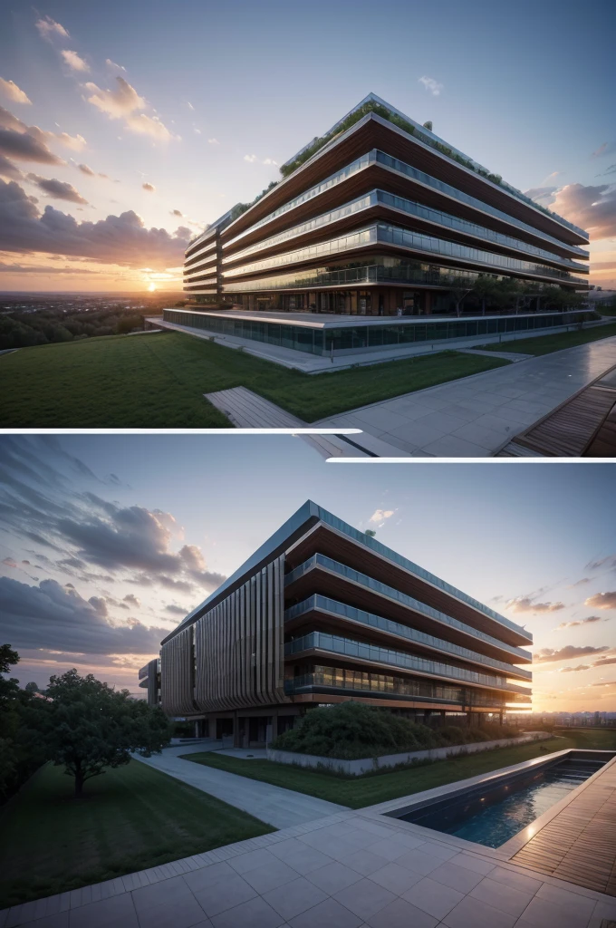 Generate a high resolution image with realistic details of a 7-story Zaha Hadid style building with wood and metal texture, the ground floor of the building must have a reception and an infinity pool with landscape to the horizon, rural landscape at dusk in high quality, 8k UHD