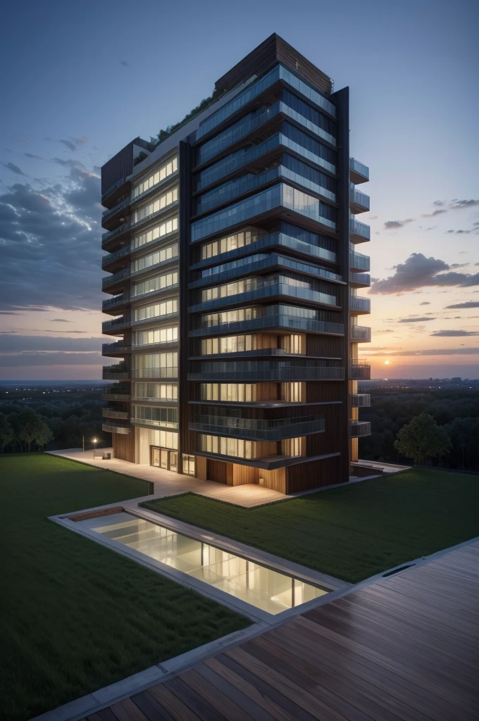 Generate a high resolution image with realistic details of a 7-story Zaha Hadid style building with wood and metal texture, the ground floor of the building must have a reception and an infinity pool with landscape to the horizon, rural landscape at dusk in high quality, 8k UHD