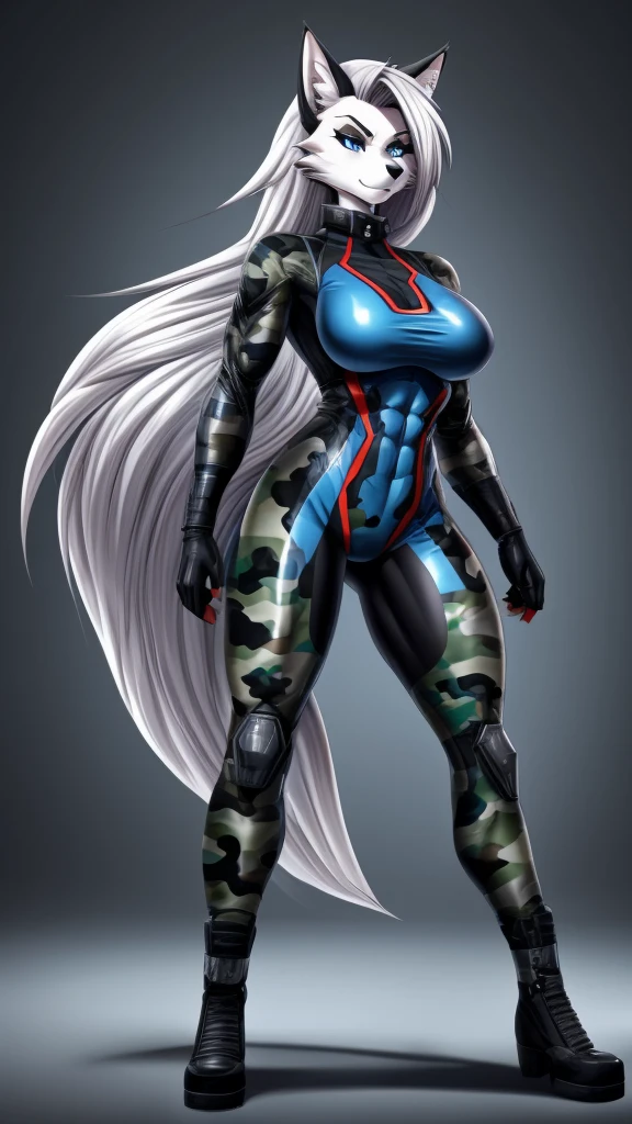 Loona from Helluva Boss, female wolf, anthro, white hair, blue eyes, mature adult, tall, muscular, tomboy, massive female, full combat camo invisible bodysuit, standing, solo, beautiful, high quality, clear background, manhwa style, 4K