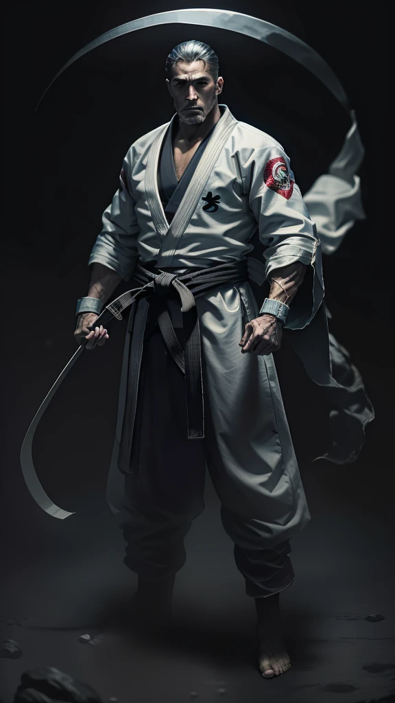 A Jiu-Jitsu fighter wearing a white kimono, with the black sash tied tightly around the waist. Your body is muscular and agile, ready to face any challenge on the mat. He maintains a confident posture, with feet apart and arms relaxed. Your eyes are focused, and its expression conveys determination and respect for the traditions of the sport.