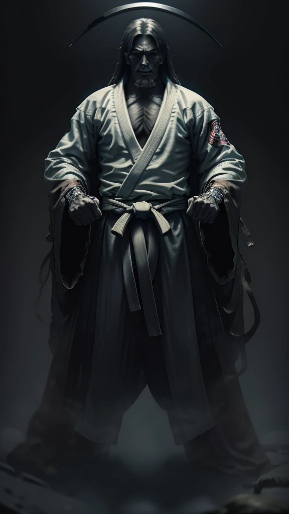 A Jiu-Jitsu fighter wearing a white kimono, with the black sash tied tightly around the waist. Your body is muscular and agile, ready to face any challenge on the mat. He maintains a confident posture, with feet apart and arms relaxed. Your eyes are focused, and its expression conveys determination and respect for the traditions of the sport.