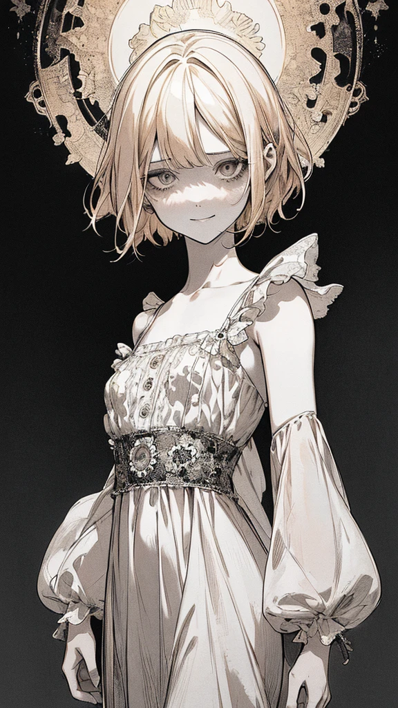 Highest quality, (Background details), High Contrast, Very beautiful  , Detailed original illustrations,very small stature、Baby Face、Villain、gnome,Villain、 Wavy platinum blonde hair、Bob Cut Hair、 Delicate face,  Spoiled brat、White sundress、Real breasts, Flat Chest、Crazy Smile, Crazy Eyes, Black background, (Black background: 1. 5), Beautiful line art, Monochrome
