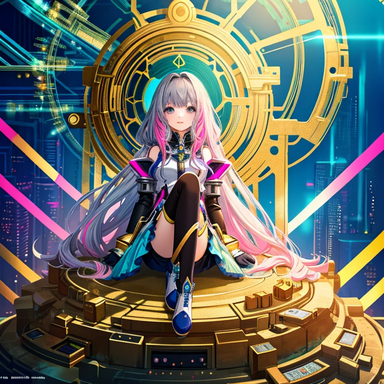 (masterpiece, highest quality, best quality, official art, beautiful and aesthetic:1.2), (1 girl), highly detailed, (fractal art:1.3), colorful, most detailed, perfect face, upper body, high resolution, BREAK
Anime girl with long hair and futuristic mechanical clothing sitting on a pile of rubble (gold, blue, green "main", light blue, yellow, silver, deep red, light purple, deep brown, pink)